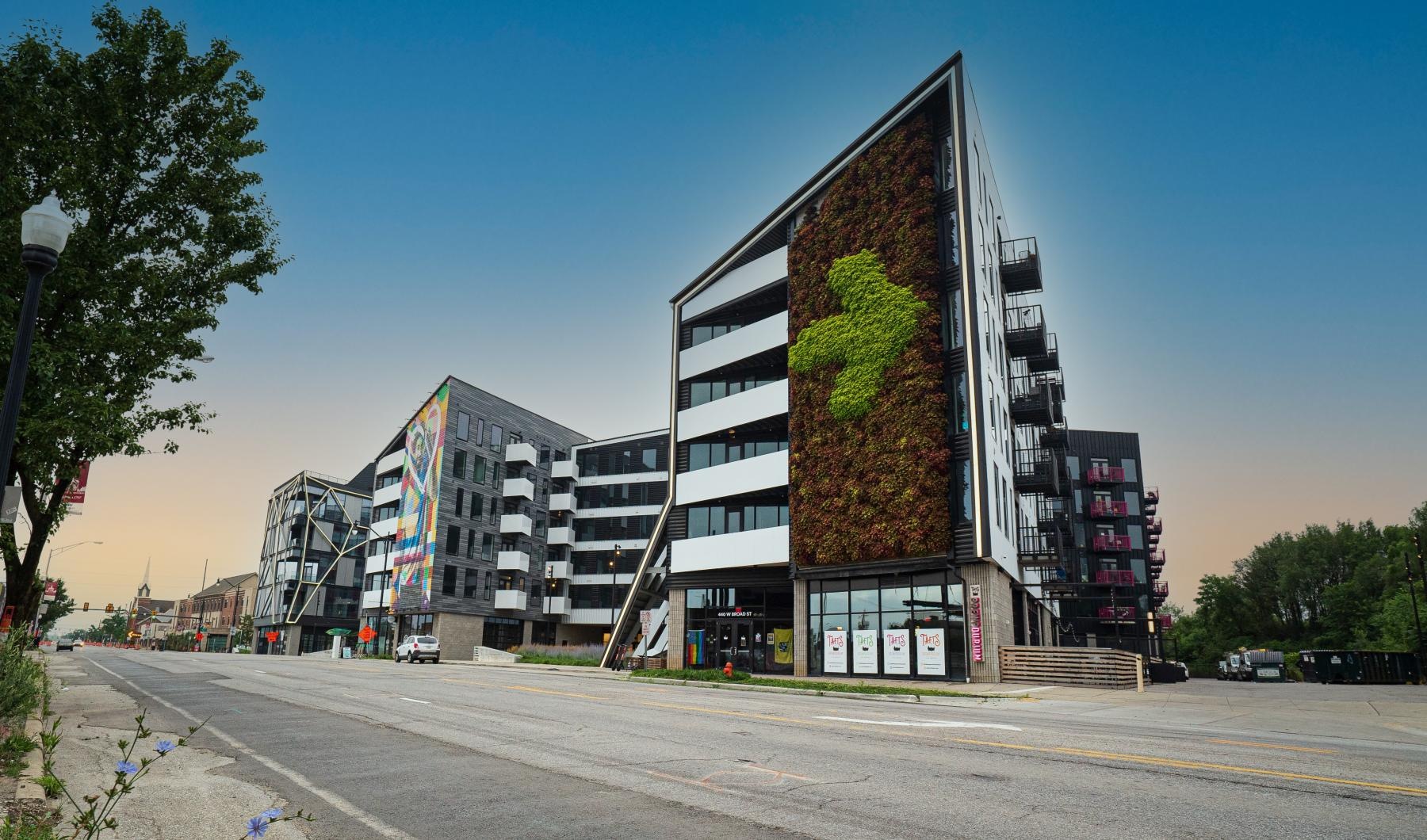 a building with a large arrow on it